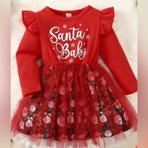 Baby Girls Mesh Dress Christmas Letter Snowman Print Long Sleeve Round Neck